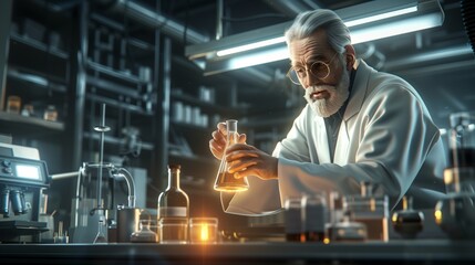 digital art semi realistic style, front view of a caucasian old scientist guy in white shirt standing and doing an experiment while holding flask in his hands - Powered by Adobe