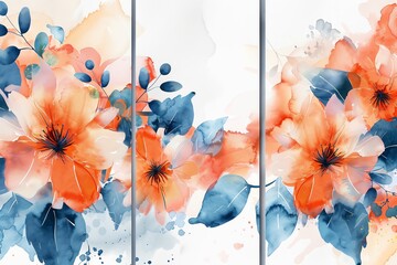 Blue flower watercolor art triptych wall art vector Abstract art background with sweet orange and pink Floral Bouquets - obrazy, fototapety, plakaty