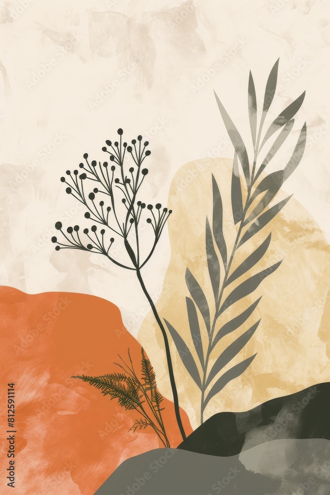 Aufkleber An illustration of botanical elements with abstract shapes in a modern art style using a warm color palette