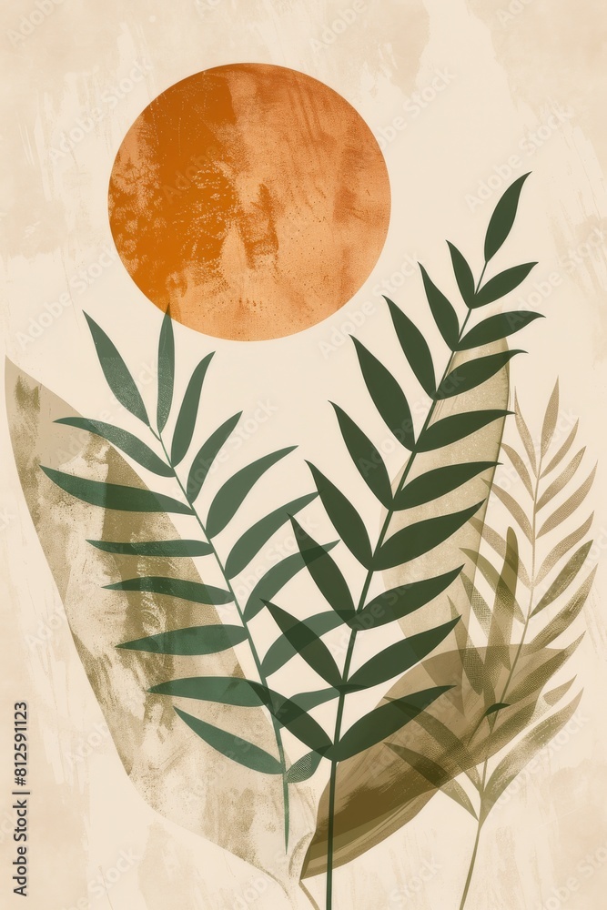 Aufkleber Stylized plants and a circular sun motif in an abstract botanical illustration with earthy tones