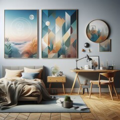 Bedroom sets have template mockup poster empty white with Bedroom interior and a desk and artwork on the wall art photo photo photo attractive.