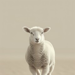 A white sheep, face only, chewing, looking at camera, light brown background