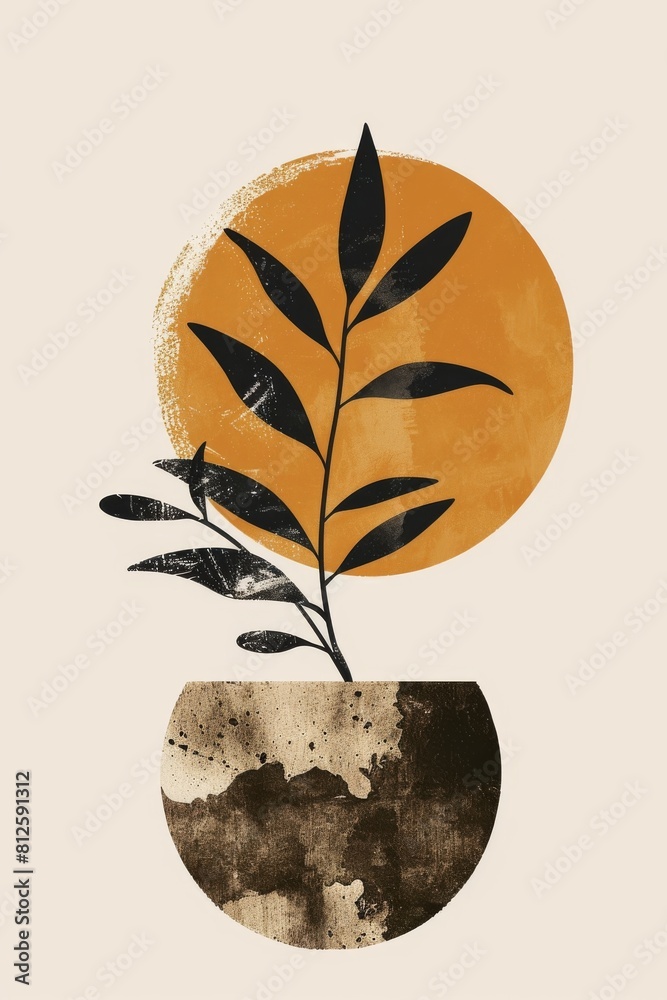 Poster this image features a plant with dark leaves in a textured pot, created using a modern art stylized 