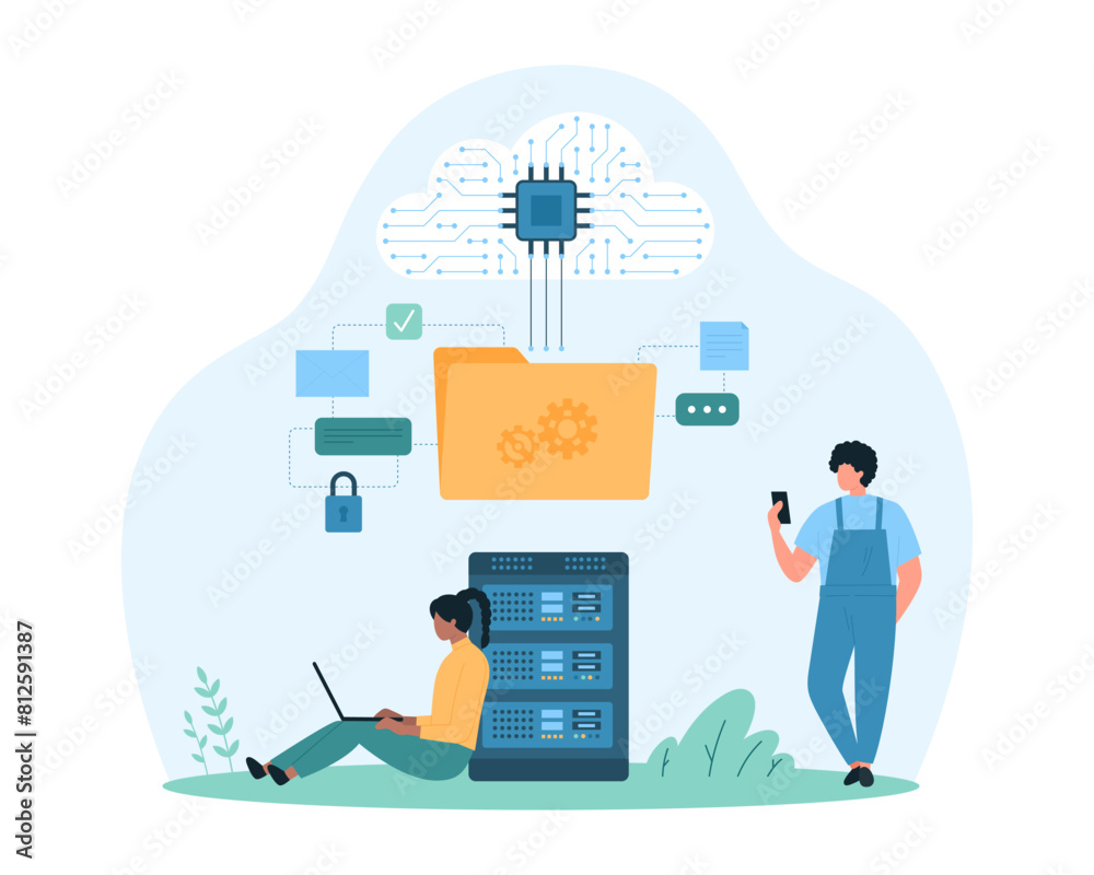 Wall mural cloud technology for data storage and management. tiny people organize private information in folder