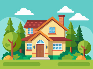 Naklejka premium Suburban house cartoon vector illustration. Summer cottage, country house flat color object. Real estate facade, townhouse front view. Two story building, villa