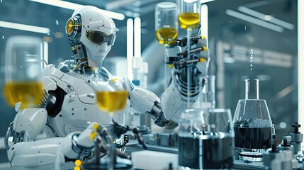 A robot does experiments in a high-tech laboratory