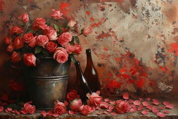 Elegant still life composition featuring pink roses in a metal bucket with a rustic, textured background - Powered by Adobe