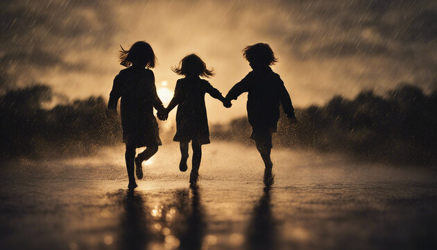 silhouette of little children jumping with joy in the rain, sunset time
