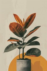 Stylized artistic image of a plant with vibrant orange leaves in a gray pot over a two-tone...