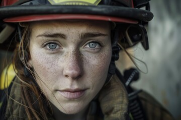 A portrait of a dedicated female firefighter wearing her helmet, showcasing determination