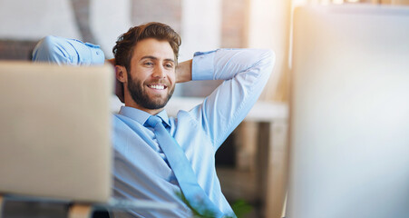 Businessman, relax and stretching in office with computer for reading, comfortable and satisfied with research. Professional, employee and happy or pride for project inspiration, productivity or done