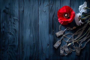 Red poppy and dog tags on dark blue distressed wood evoke a moody Memorial Day respect.