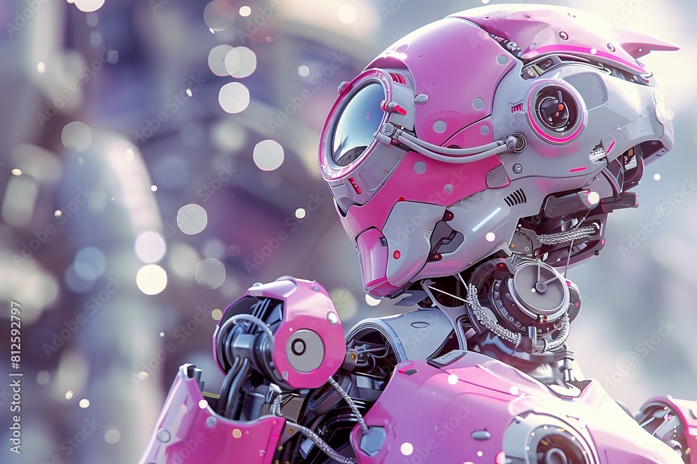 Poster close-up shot of a pink robot's head, highlighting intricate mechanical details with bokeh light eff