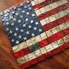 Mosaic-designed American flag with a ceramic tile look on hardwood.