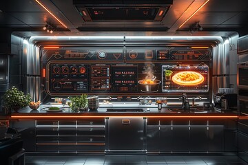 Craft a side view illustration of a futuristic kitchen where blockchain technology intertwines with culinary arts Show holographic recipe displays