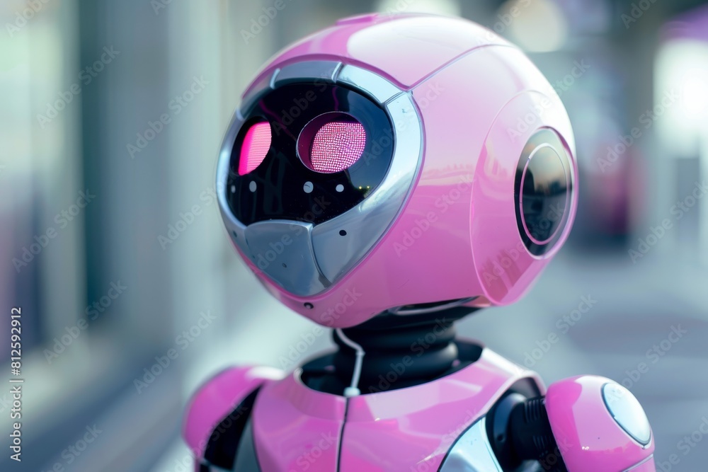 Aufkleber detailed close-up of a pink robot's face with illuminated eyes and reflective surfaces, highlighting