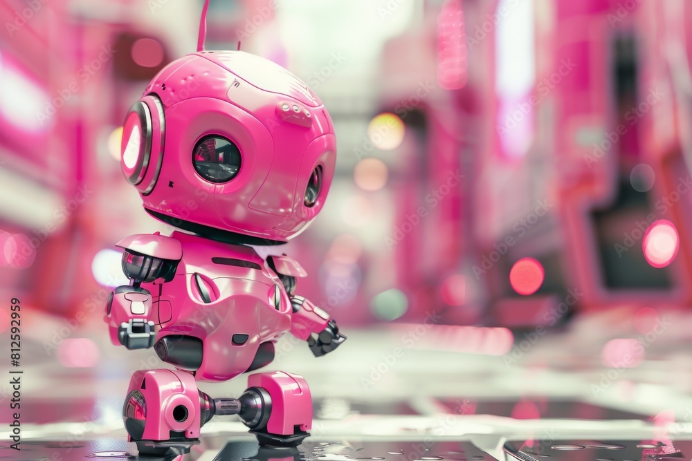 Fototapete a full-bodied view of a pink robot with a funky stance on a reflective surface, showcasing its desig