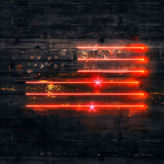 Dark charred wood contrasts with a neon-lit USA flag  a striking display.