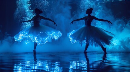 Illuminate the intricate movements of underwater ballet dancers with a dreamlike glow using luminous neon hues and bioluminescent accents to evoke a mesmerizing ethereal ambiance