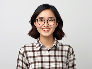 Beautiful young asian woman, company worker in glasses, smiling, standing over white background.