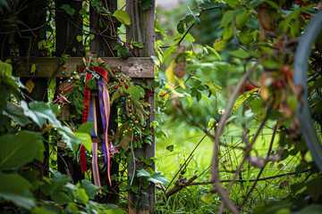 Memorial Day wreath in an overgrown garden, ribbons mingling with vines.