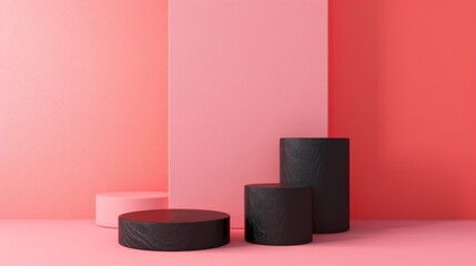Three Black Cylinders on Pink Background