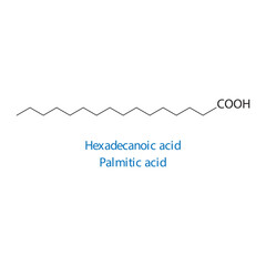 Hexadecanoic acid, Palmitic acid molecule skeletal structure diagram.fatty acid compound molecule scientific illustration on white background.