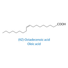 (9Z)-octadecenoic acid, oleic acid molecule skeletal structure diagram.fatty acid compound molecule scientific illustration on white background.