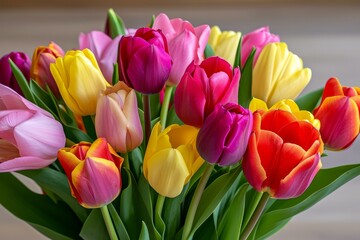 Fototapeta premium Close-up of colorful tulips in bloom showcasing an array of spring colors
