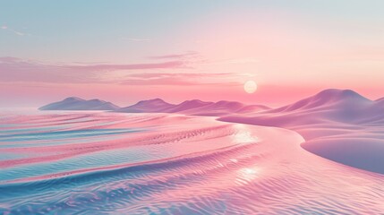 A surreal landscape featuring vibrant pink sand dunes alongside shimmering water under a pastel sunset sky.
