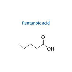 Pentanoic acid molecule skeletal structure diagram.organic compound molecule scientific illustration on white background.