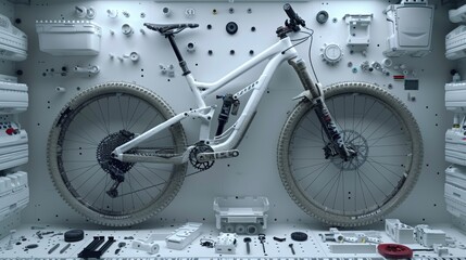 Deconstructed bicycle displayed in meticulous knolling arrangement for optimal search relevance