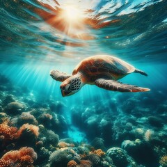Fototapeta premium A turtle swimming through the ocean