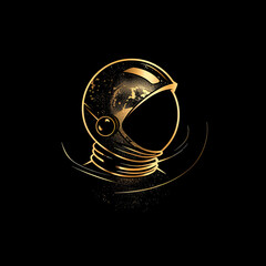 Gold Minimalist Side View Astronaut Helmet Logo Isolated on a Black Background