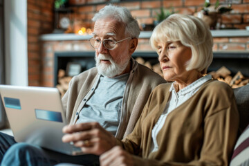 Obraz premium Man and Woman Sitting on Couch Looking at Laptop. Generative AI