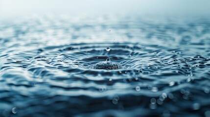 Macro shot capturing a single water droplet impacting a body of water, creating concentric ripples around it.
