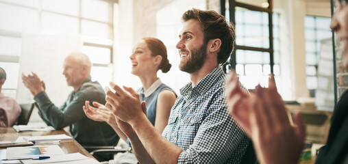Businesspeople, presentation and meeting with applause, discussion and support for workshop. Group, training and collaboration for success, brainstorming and winning for creative business research
