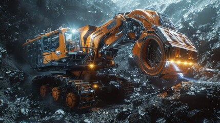Deep within the earth's crust, a resilient mining robot diligently navigates through layers of rock...