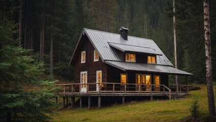Cozy wooden barnhouse with Scandinavian flair, crowned by a metal roof, amid serene forest surroundings.