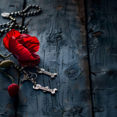 Red poppy and dog tags on a dark blue vintage wooden table  Memorial Day remembrance.