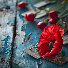 Vintage blue wooden table adorned with a red poppy and military tags  Memorial Day.