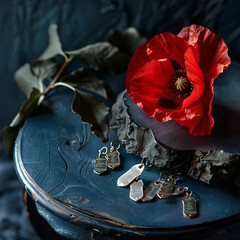 Dark blue vintage table adorned with a red poppy and soldier's dog tags, Memorial Day theme.