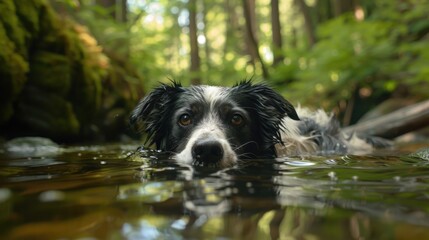 A black and white dog enjoying a swim in a river. Suitable for pet care or outdoor activity concepts