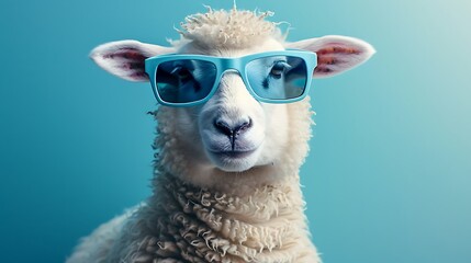 Funny white sheep wearing blue sunglasses on blue background