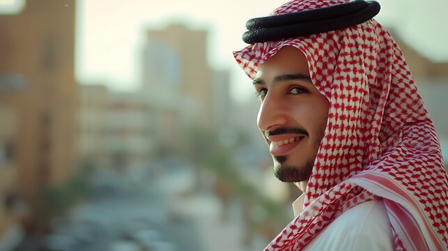 A confident, happy Saudi, Gulf man wearing a arabic thobe and shemagh