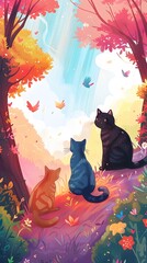 Autumn Forest Cats Exploring Whimsical Enchanting Fairytale Landscape