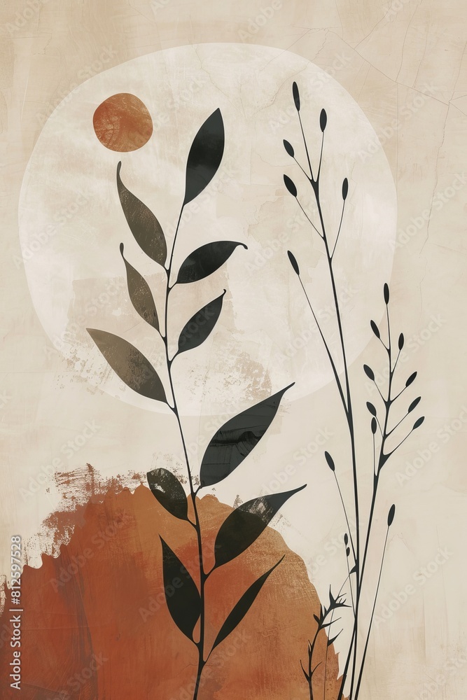 Poster artistic illustration with plants and abstract shapes on a textured background, conveying a retro an