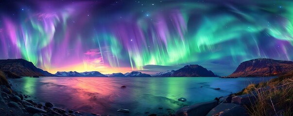 Fototapeta premium Spectacular display of an aurora storm illuminating the night sky with vibrant green and purple lights