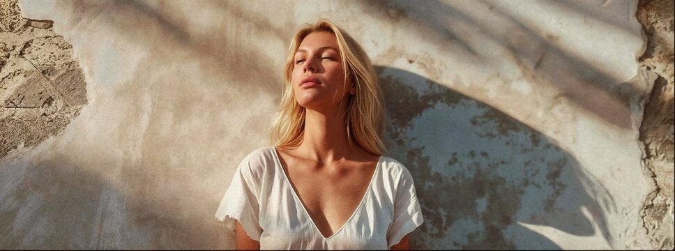 A blonde woman in a white shirt in front of stone wall. A Mediterranean landscape, in daylight, with shadows, a half-body shot.