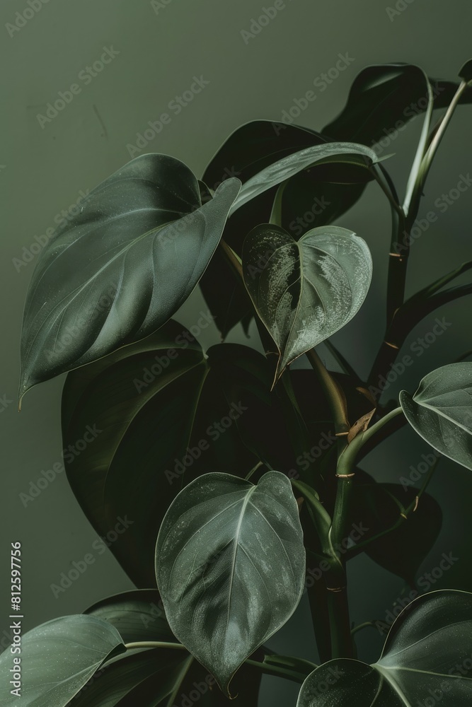 Poster a close-up of glossy, dark green plant leaves with a soft diffused lighting on a gray background